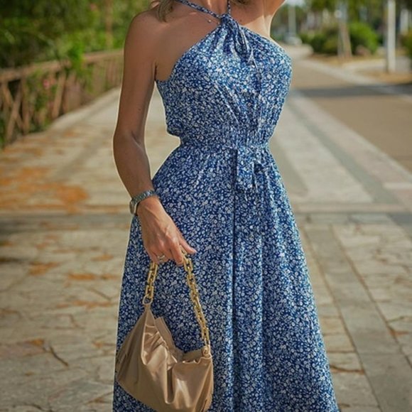 Ditsy Floral Belted Halter Dress - Picture 1 of 7